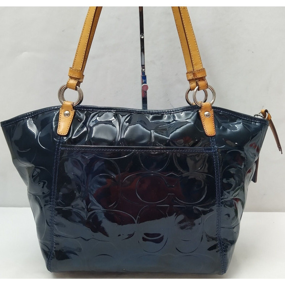 Coach Signature Blue Patent Leather Turnlock Double Handle Tote Shoulder Bag - Picture 2 of 16